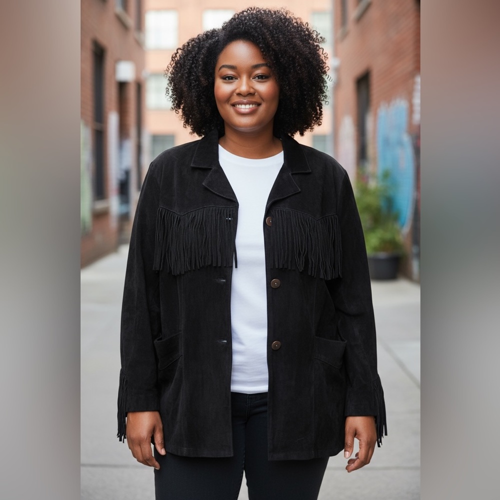 ROAMAN’S LEATHER BLACK SUEDE FRINGE JACKET